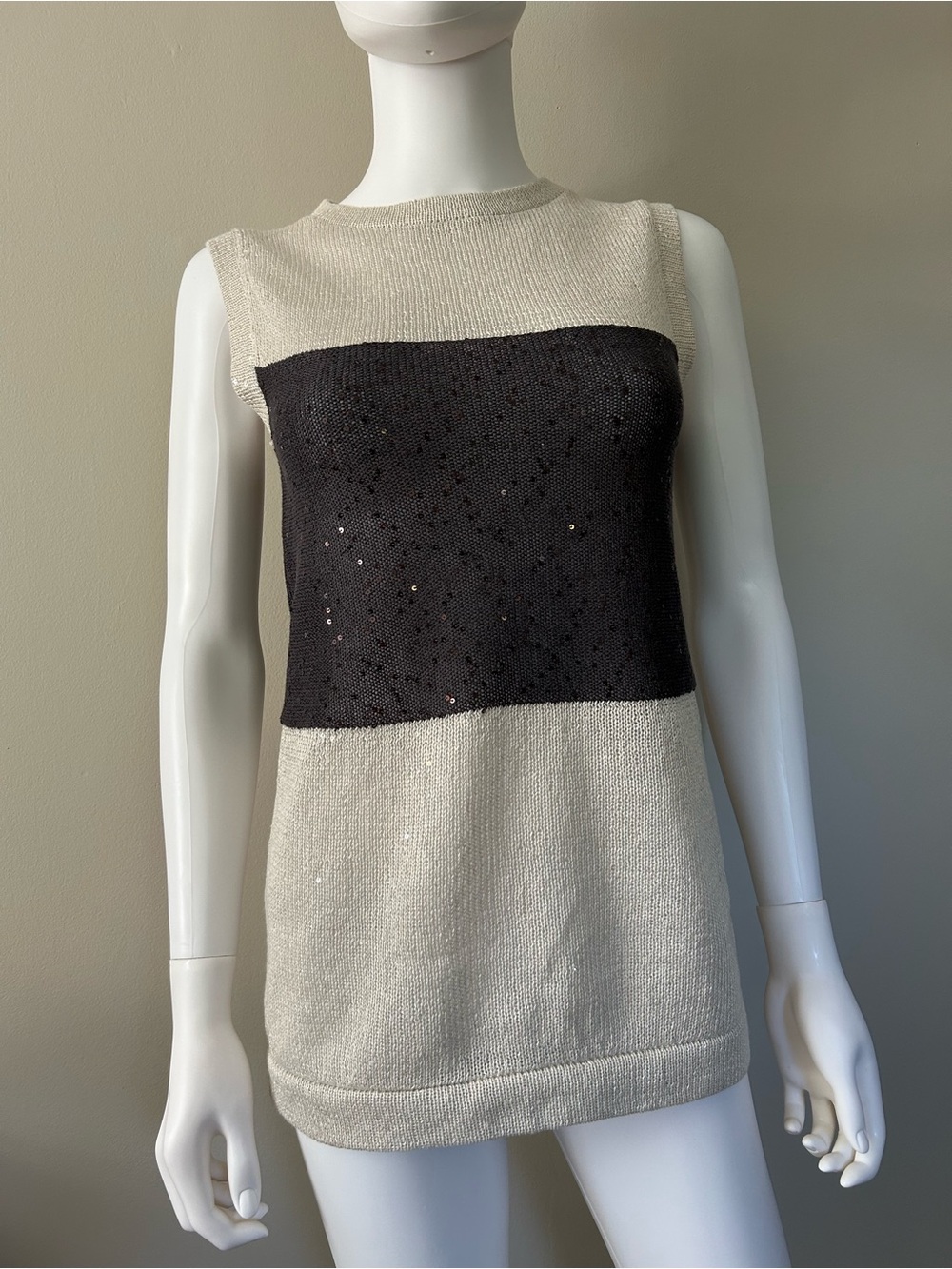 Brunello Cucinelli S Linen Silk Sequin Colorblock Sleeveless Knit Top Italy
